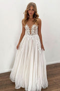 Classy Sheer Tulle Appliques A-line Floor Length Wedding Dress with Elegant Details BM bride