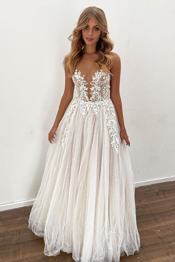 Classy Sheer Tulle Appliques A-line Floor Length Wedding Dress with Elegant Details BM bride