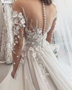 Elegant Sweetheart Long Sleeve A-Line Tulle Wedding Dress with Lace Appliques BM bride