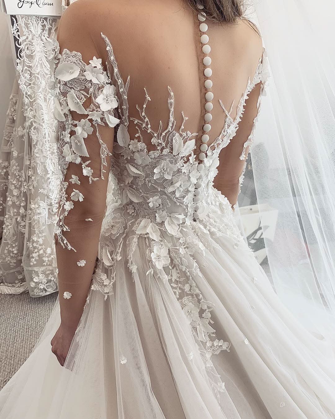 Elegant Sweetheart Long Sleeve A-Line Tulle Wedding Dress with Lace Appliques BM bride