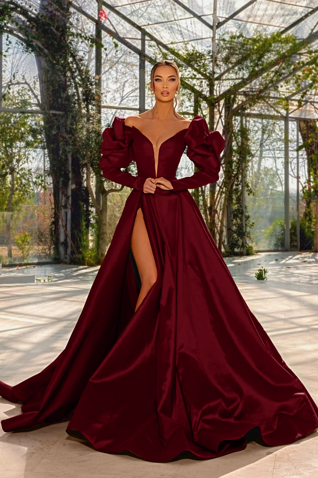 Sexy Prom Dress Red V Neck Bubble Long Sleeves With High Split BMBRIDE