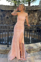 Gorgeous Mermaid Strapless Lace Long Prom Dress with Slit BM bride