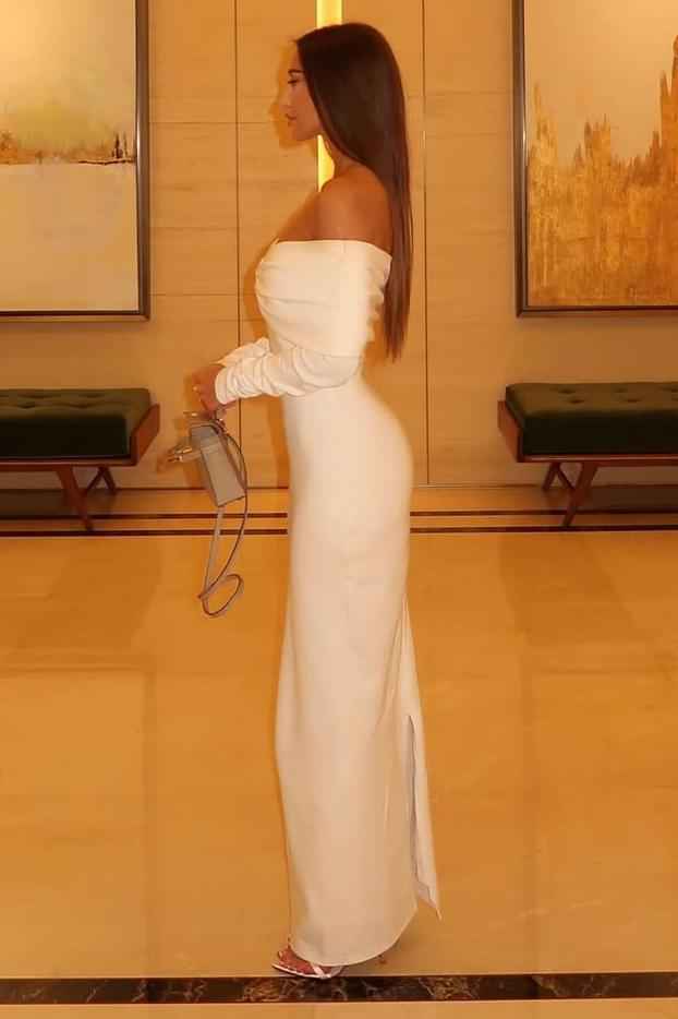 Off the Shoulder Long Sleeves Long Mermaid Prom Dress With Pleated