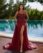 Gorgeous One Shoulder Sleeveless Mermaid Split Evening Dress Sequins with Tulle Overskirt BM bride