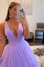 Elegant Lilac Sleeveless V-Neck Tulle Layers Prom Dress BM bride