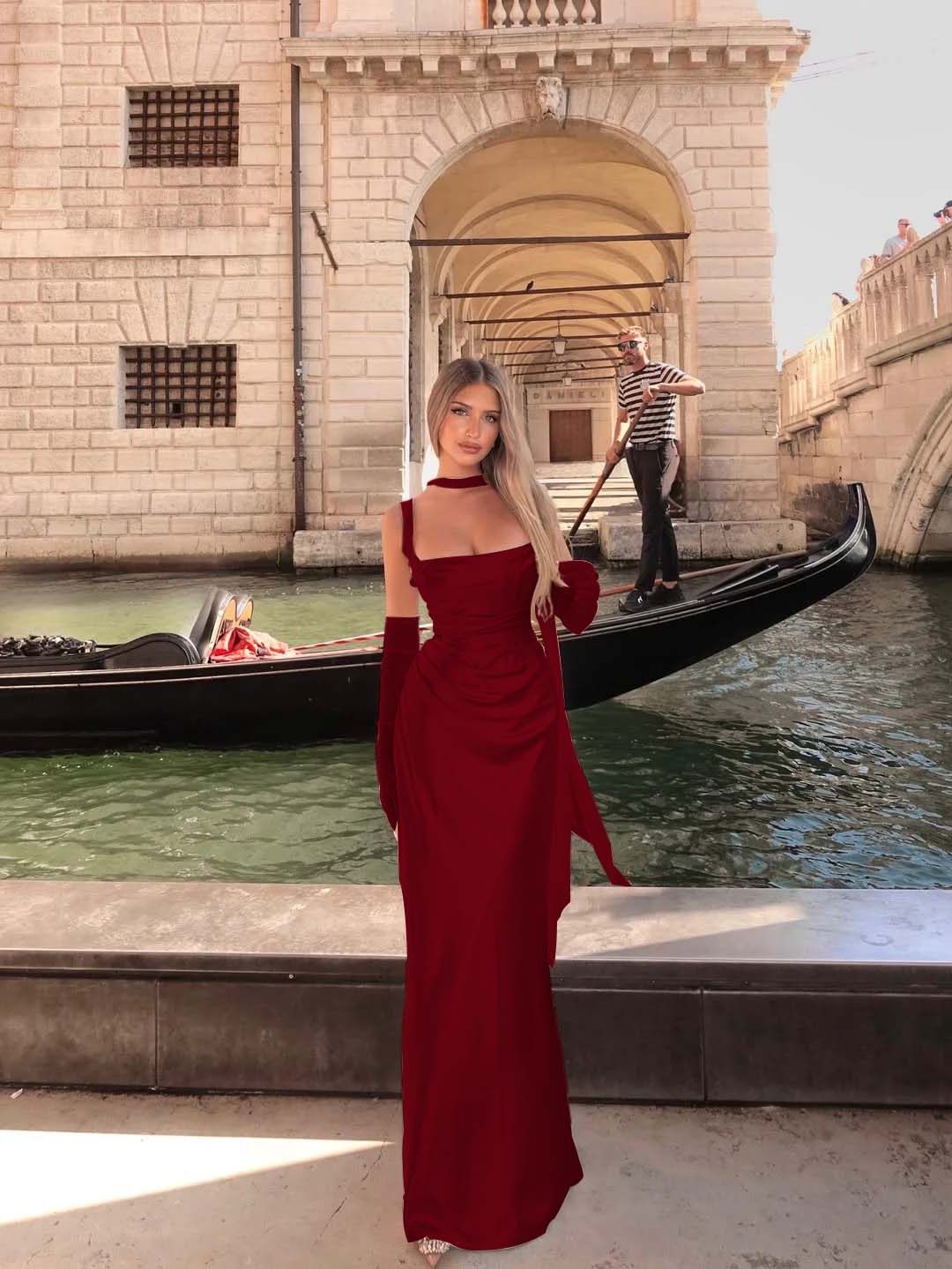 Spaghetti Strap Sleeveless Long Mermaid Prom Dress With Gloves BMBRIDE