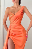 Stunning Orange V-Neck Mermaid Evening Dress with Long Split and Beads BM bride