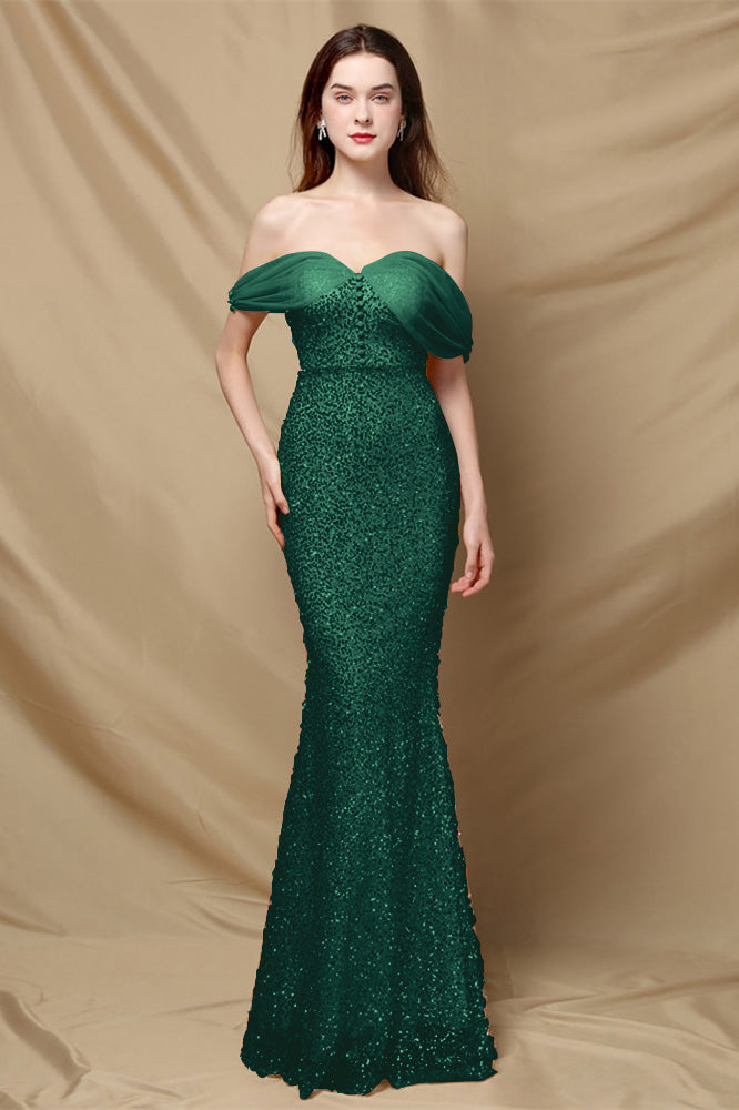 Elegant Off the Shoulder Mermaid Sequins Prom Dress With Sweetheart Buttons BMBRIDE