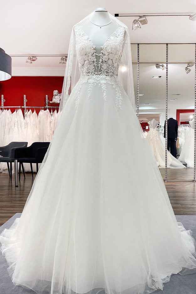 Elegant V-Neck Long A-Line Wedding Dress with Open Back and Tulle Lace BM bride