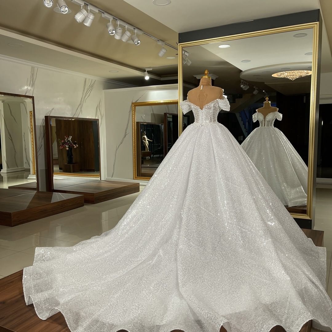 Gorgeous Off-the-Shoulder Long Ball Gown Wedding Dress with Sequins BM bride