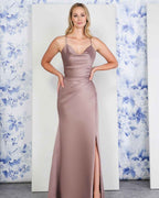 Satin Lace-up Back With High Split Sleeveless Spaghetti Strap  Prom Dress