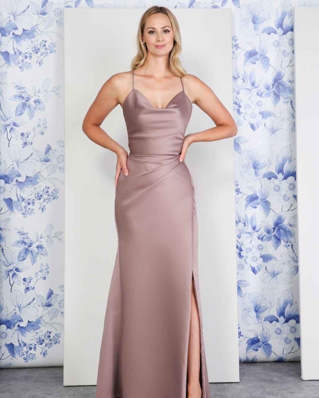 Satin Lace-up Back With High Split Sleeveless Spaghetti Strap  Prom Dress