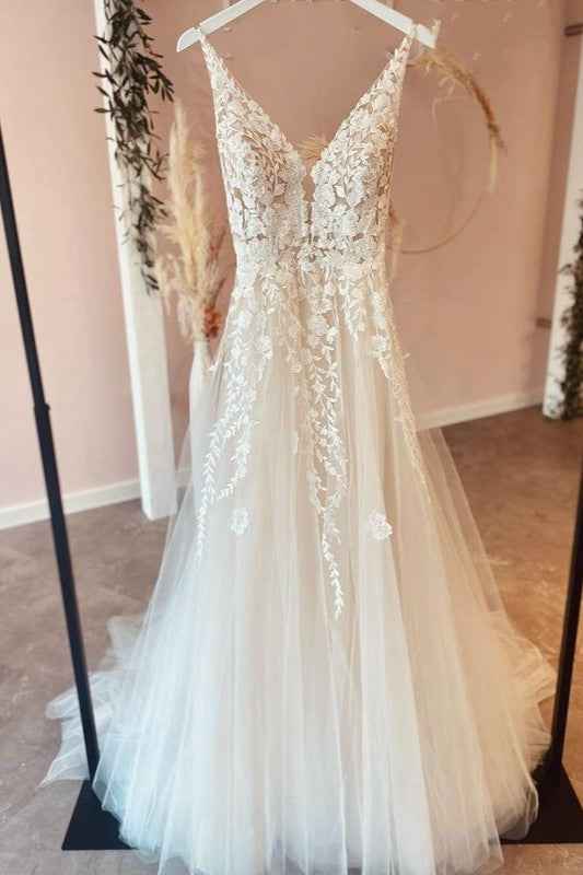 Spaghetti Strap V-Neck A-Line Backless Wedding Dress with Tulle Lace Appliques BM bride