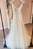 Spaghetti Strap V-Neck A-Line Backless Wedding Dress with Tulle Lace Appliques BM bride