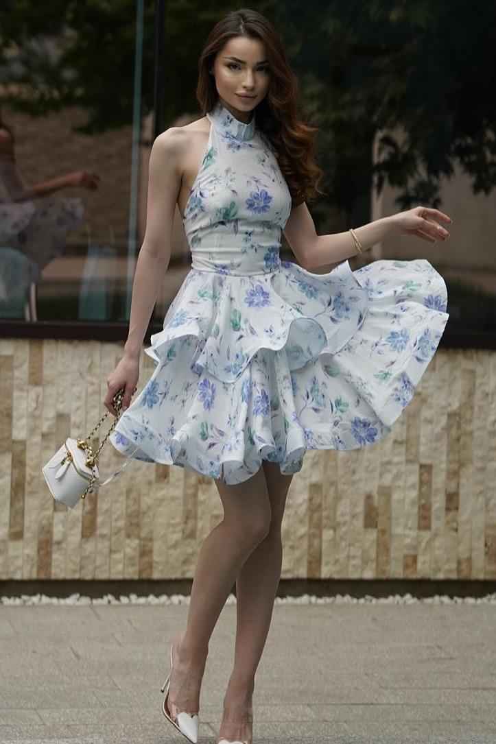Chic Halter Backless Sleeveless Short Prom Dress With Ruffles