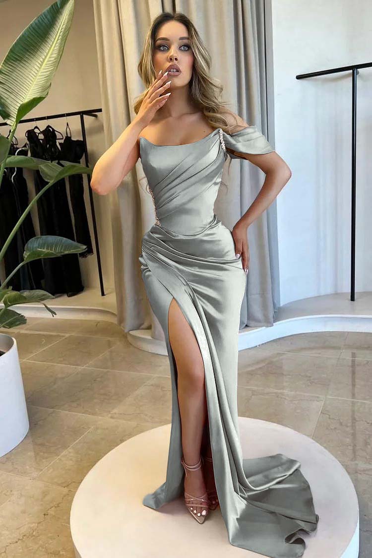 Strapless One Shoulder Long Mermaid Prom Dress With Split Beading BMBRIDE