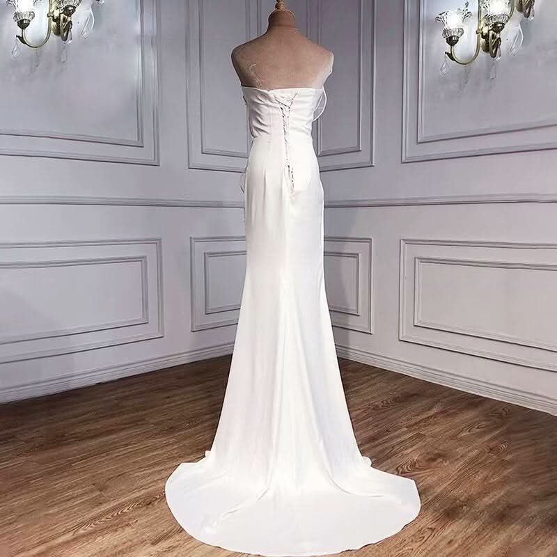 Elegant White Long Prom Dress with High Split Sequin Applique Mermaid Style BM bride