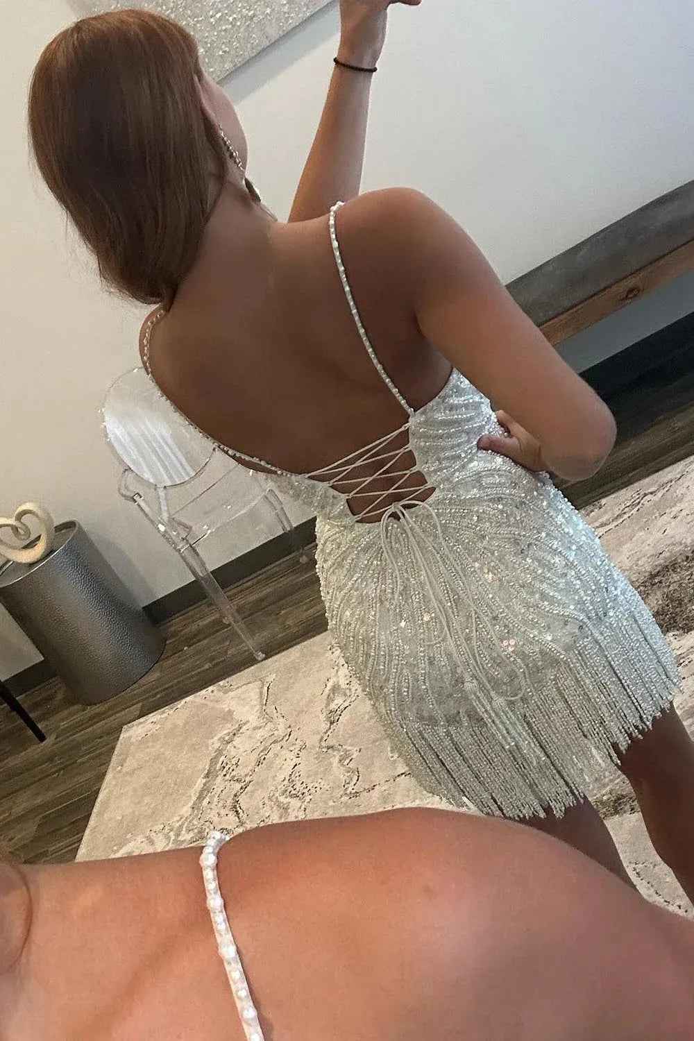 Sparkly White Beaded Lace-Up Back Tight Short Homecoming Dress with Fringes Bmbride