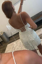 Sparkly White Beaded Tight Short Homecoming Dress with Fringes Bmbride