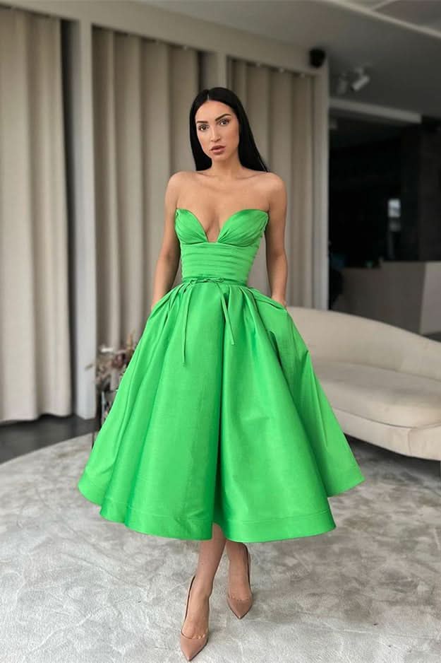 Green Sweetheart A-Line Short Evening Dress with Pockets BM bride