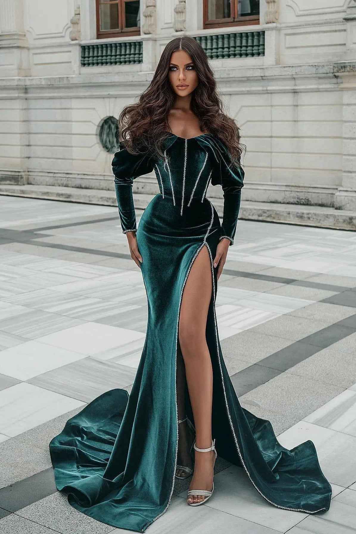 Dark Green Long Sleeves Classic Long Split Prom Dress With Belt