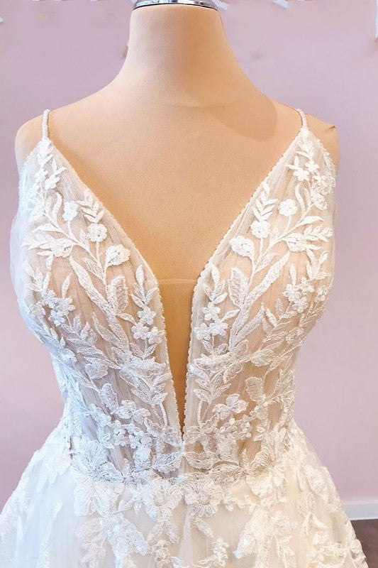 Sweetheart Spaghetti Strap Floor-Length Wedding Dress with A-Line Tulle BM bride