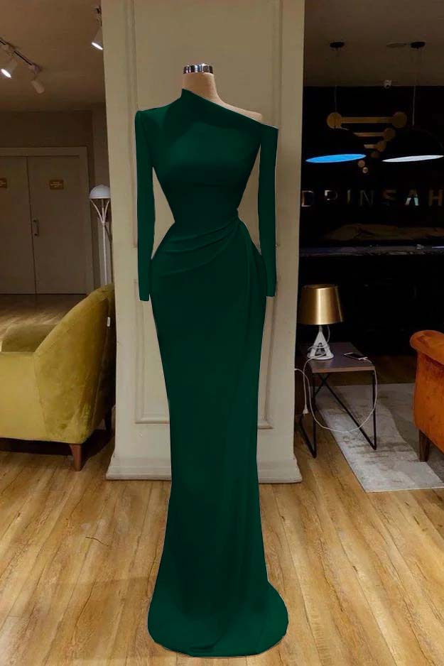 Charming White One Shoulder Mermaid Long Sleeves Prom Dress With Pleated BMBRIDE