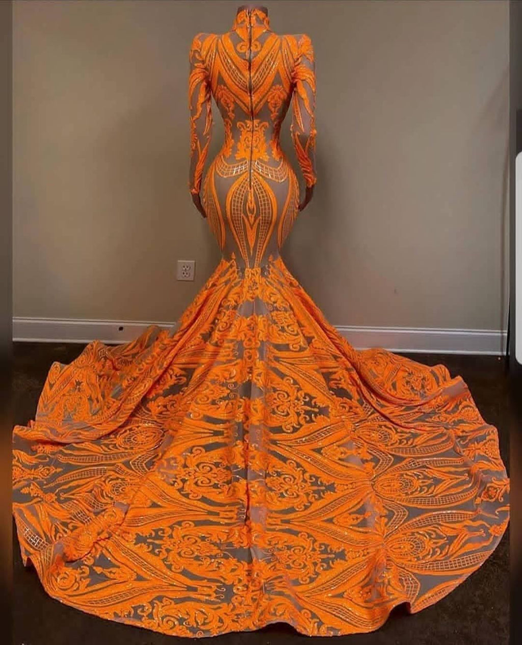 Orange Long Sleeves Mermaid Prom Dress with Sequins Lace BM bride