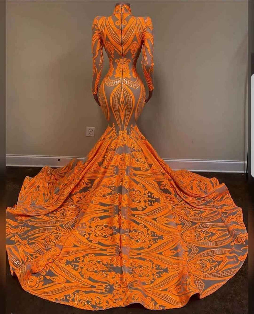 High Neck Mermaid Orange Long Sleeves Prom Dress Sequins Lace With Appliques
