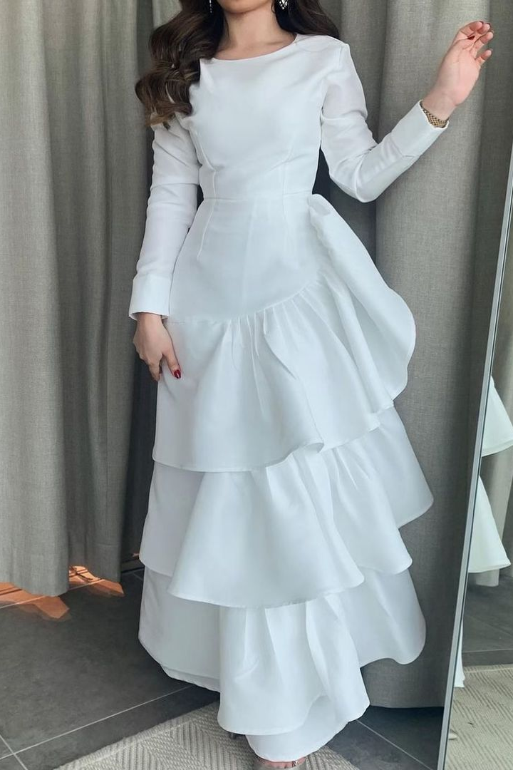 Jewel Neck Long Sleeves Long Prom Dress With Ruffles Pleated