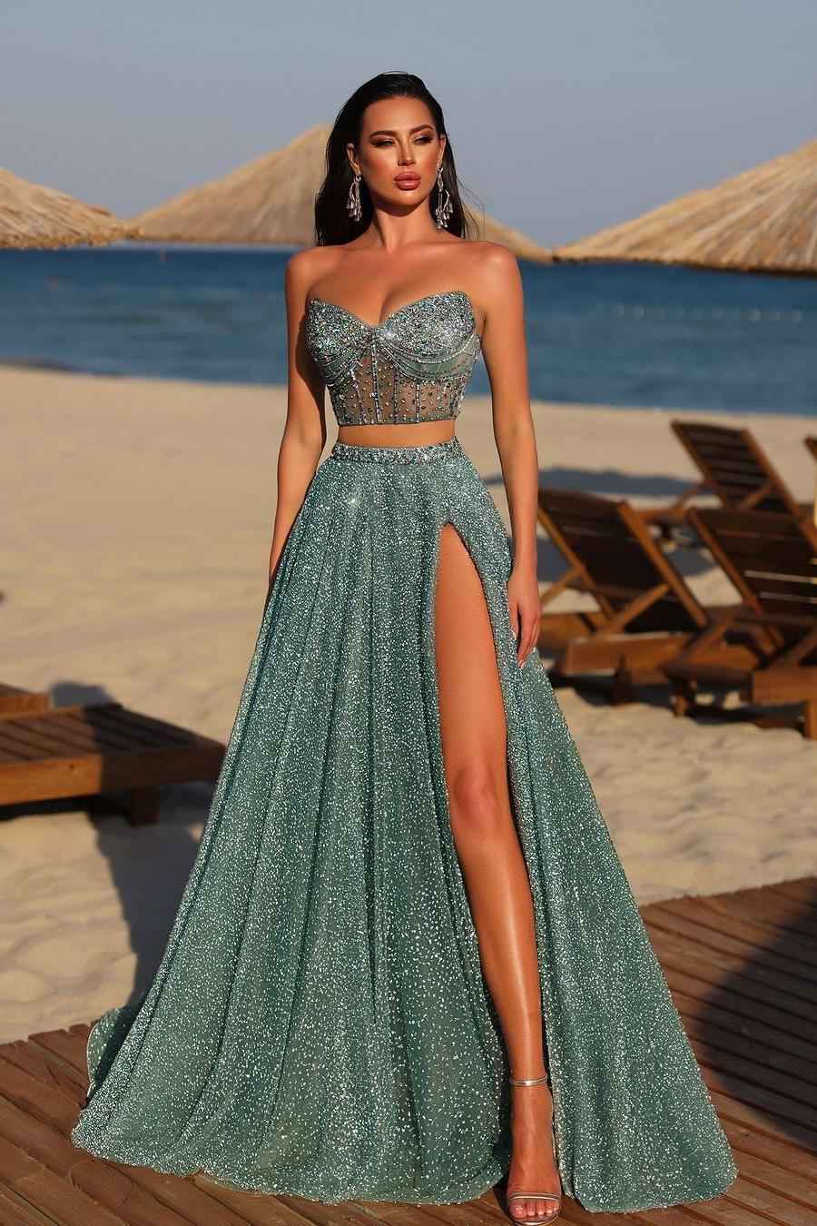 Chic Two Pieces Strapless Sleeveless Long Split Prom Dress With Beadings