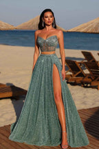 Chic Two Pieces Strapless Sleeveless Long Split Prom Dress With Beadings
