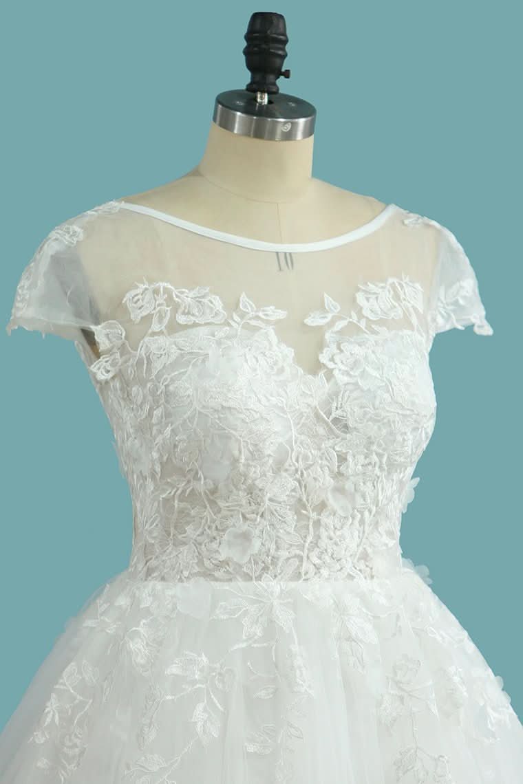 Bateau A-Line Backless Floor-Length Wedding Dress with Lace Appliques and Tulle BM bride