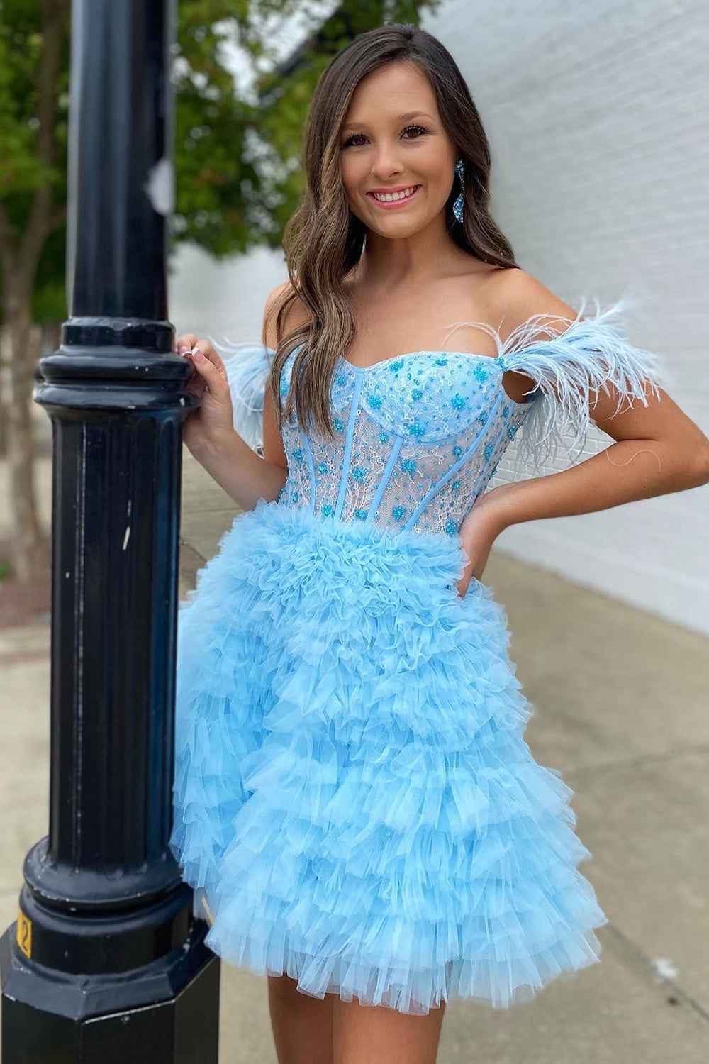 Sparkly Purple Corset A-Line Short Homecoming Dress with Feathers Bmbride