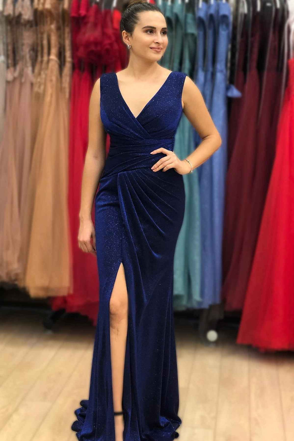 Blue Sequins Sleeveless V Neck Long Mermaid Prom Dress With Split