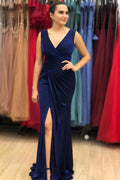 Blue Sequins Sleeveless V Neck Long Mermaid Prom Dress With Split
