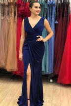 Blue Sequins Sleeveless V Neck Long Mermaid Prom Dress With Split