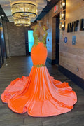 Sleeveless Orange Mermaid Evening Dress with Halter and Appliques BM bride