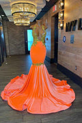 Halter Sleeveless Orange Mermaid Elegant Prom Dress Appliques With Beads