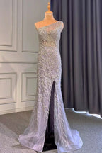 Light Purple Front Split One-Shoulder Beaded Mermaid Prom Dress with Long Ruffles BM bride