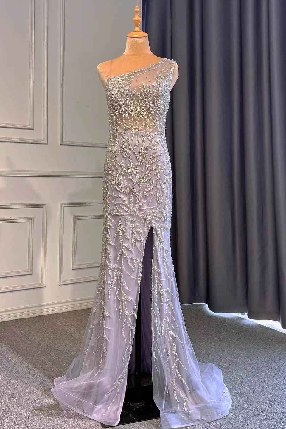 Light Purple Mermaid Beads One Shoulder Prom Dress With Long Ruffles Appliques Front Split