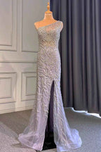 Light Purple Mermaid Beads One Shoulder Prom Dress With Long Ruffles Appliques Front Split