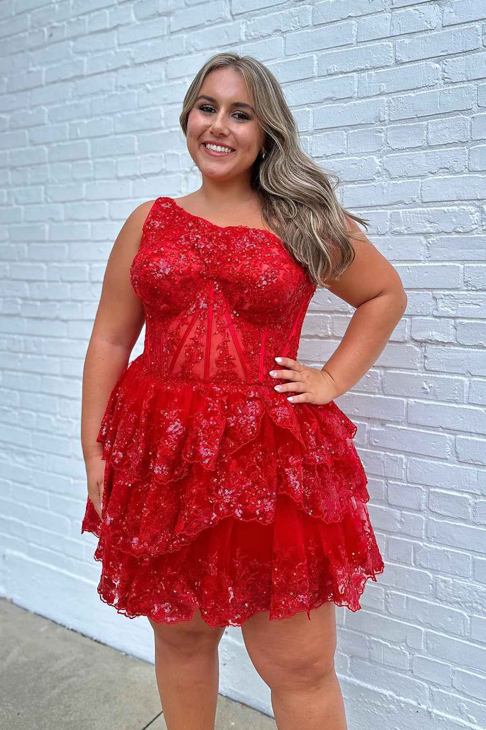 Sparkly White Tiered Lace One Shoulder Short Homecoming Dress Bmbride