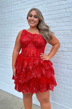 Sparkly White Tiered Lace One Shoulder Short Homecoming Dress Bmbride