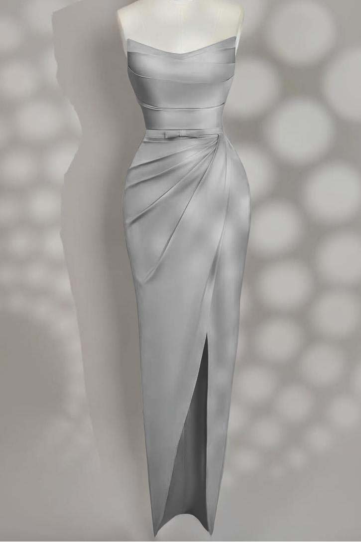 Strapless Sleeveless Long Split Prom Dress With Pleated Bowknot BMBRIDE