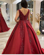 V-neck Backless A-Line Satin Wedding Dress Ruffles Train With Appliques Beading BM bride