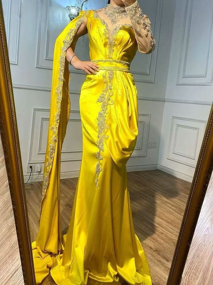 Shining Yellow Beaded Embroidery Floor-Length Mermaid Prom Dress with Shawl BM bride