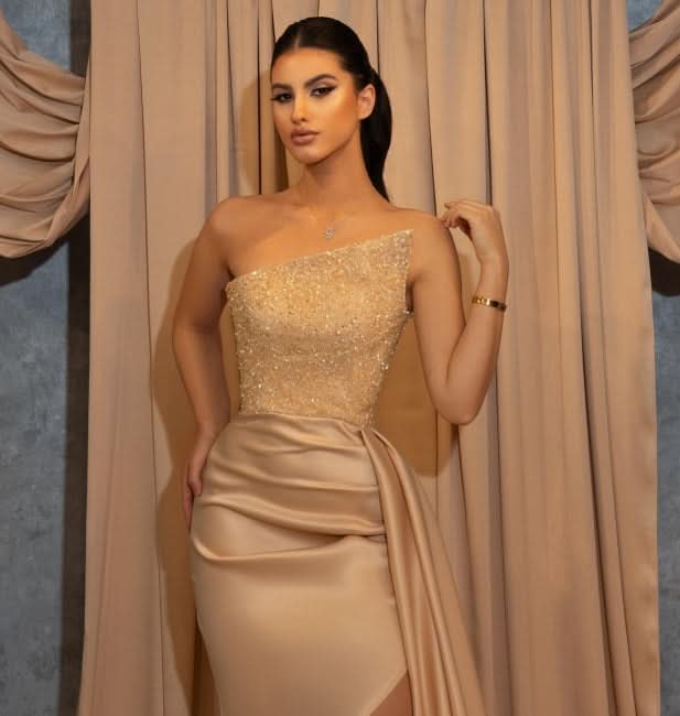 BMbride Champagne Sexy Long Sleeveless Glitter Mermaid Prom Dresses BMbride