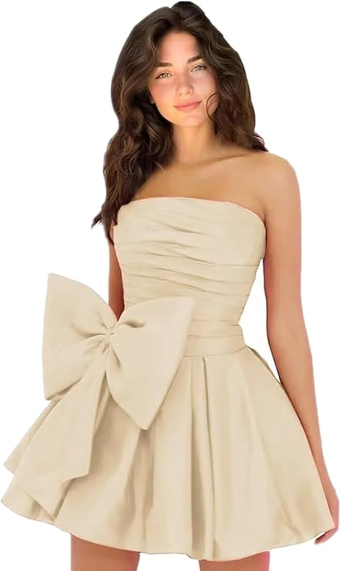 Simple Sleeveless Ruched Mini Homecoming Dress with Bow, Perfect for Any Party BM bride