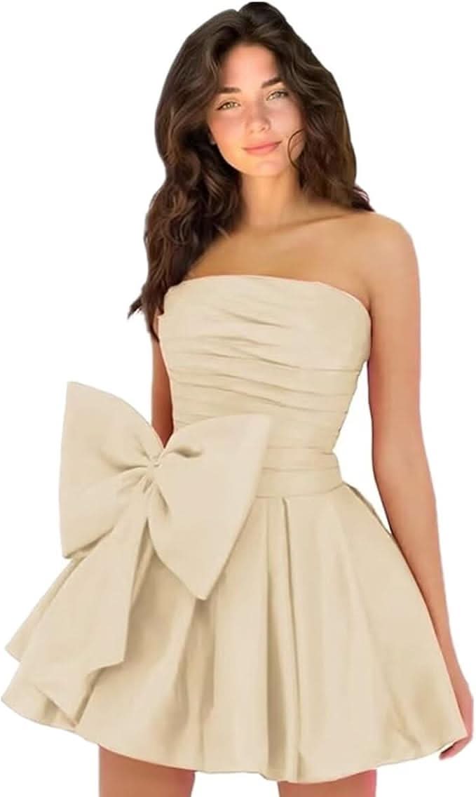 Simple Sleeveless Ruched Mini Homecoming Dress with Bow, Perfect for Any Party BM bride